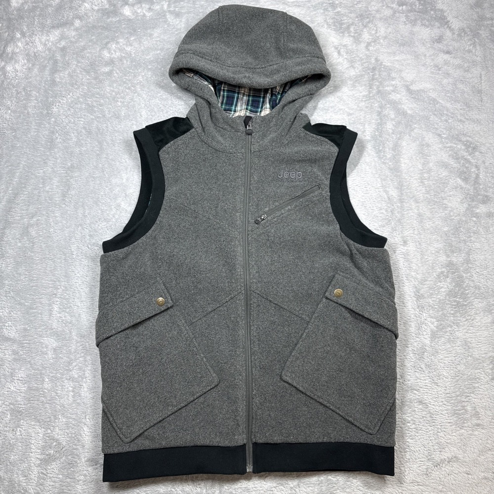 Jeep Extreme Performance‎ Fleece Vest Men Large Gray Plaid Lined Hooded Snaps